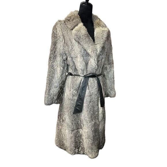 Real Rabbir Fur Long Grey beltrd Coat Small - Picture 3 of 16